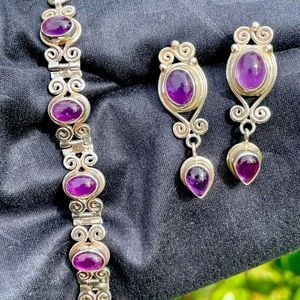Amethyst cabochon 925 SS Bracelet and earring set. 8.75”